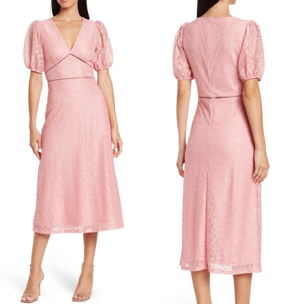 NSR Puff Sleeve Lace Midi Dress, Size Medium, 6/8, Pink, NWT
